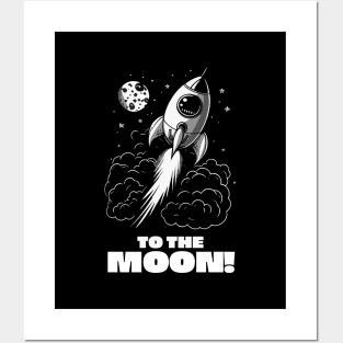 To The Moon! || Black and White Rocket in Space Posters and Art